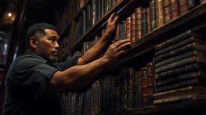 A man is touching a bookshelf