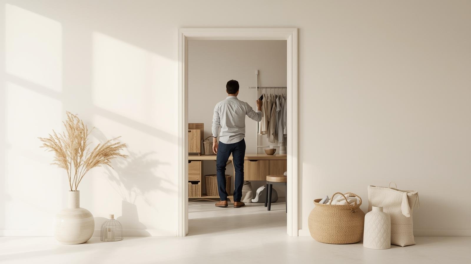 a man is decluttering a room with clothes