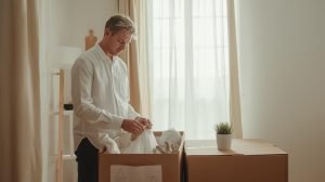 a man is organizing clothes in a bag