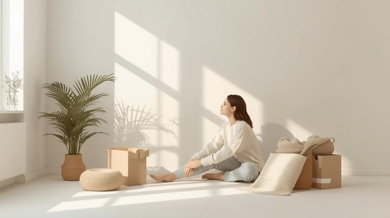 a women is sitting on the floor for decluttering things