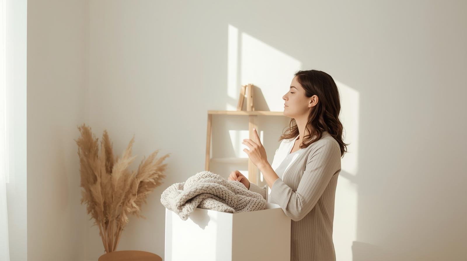 a women is thinking how to declutter things in the middel of organizing