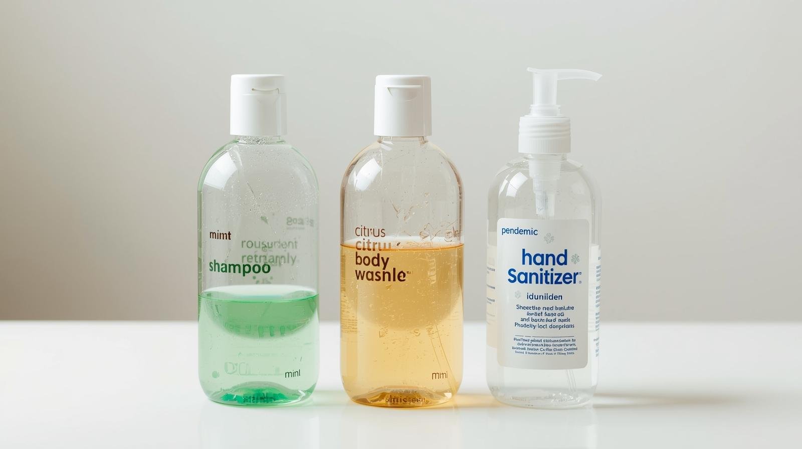 Three cleansers stood side-by-side: mint shampoo, citrus body wash, and hand sanitizer.
