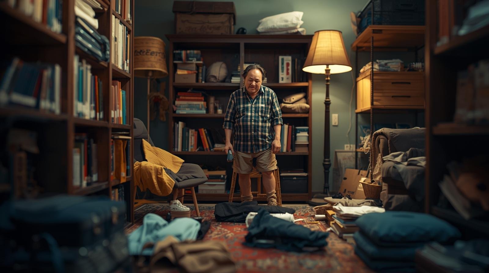 a man is in a messy room for decluttering troubles