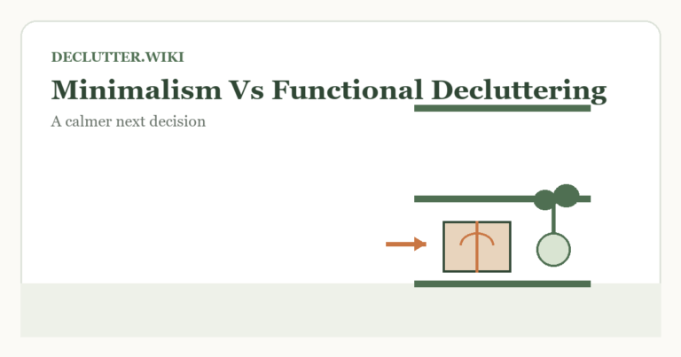 Calm household decision illustration for minimalism vs functional decluttering