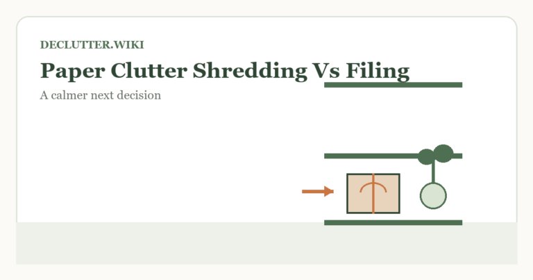 Calm household decision illustration for paper clutter shredding vs filing guide